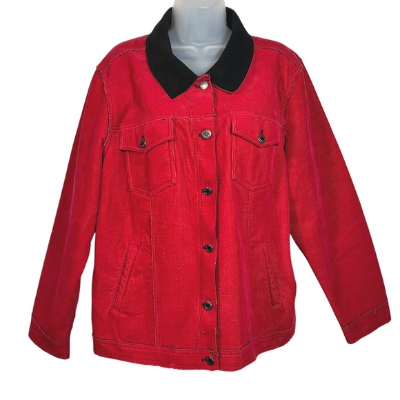 Denim & Co. Jackets & Blazers - Denim & Co Womens Red Corduroy Trucker Jacket Contrast Collar Raw Hem Western XL